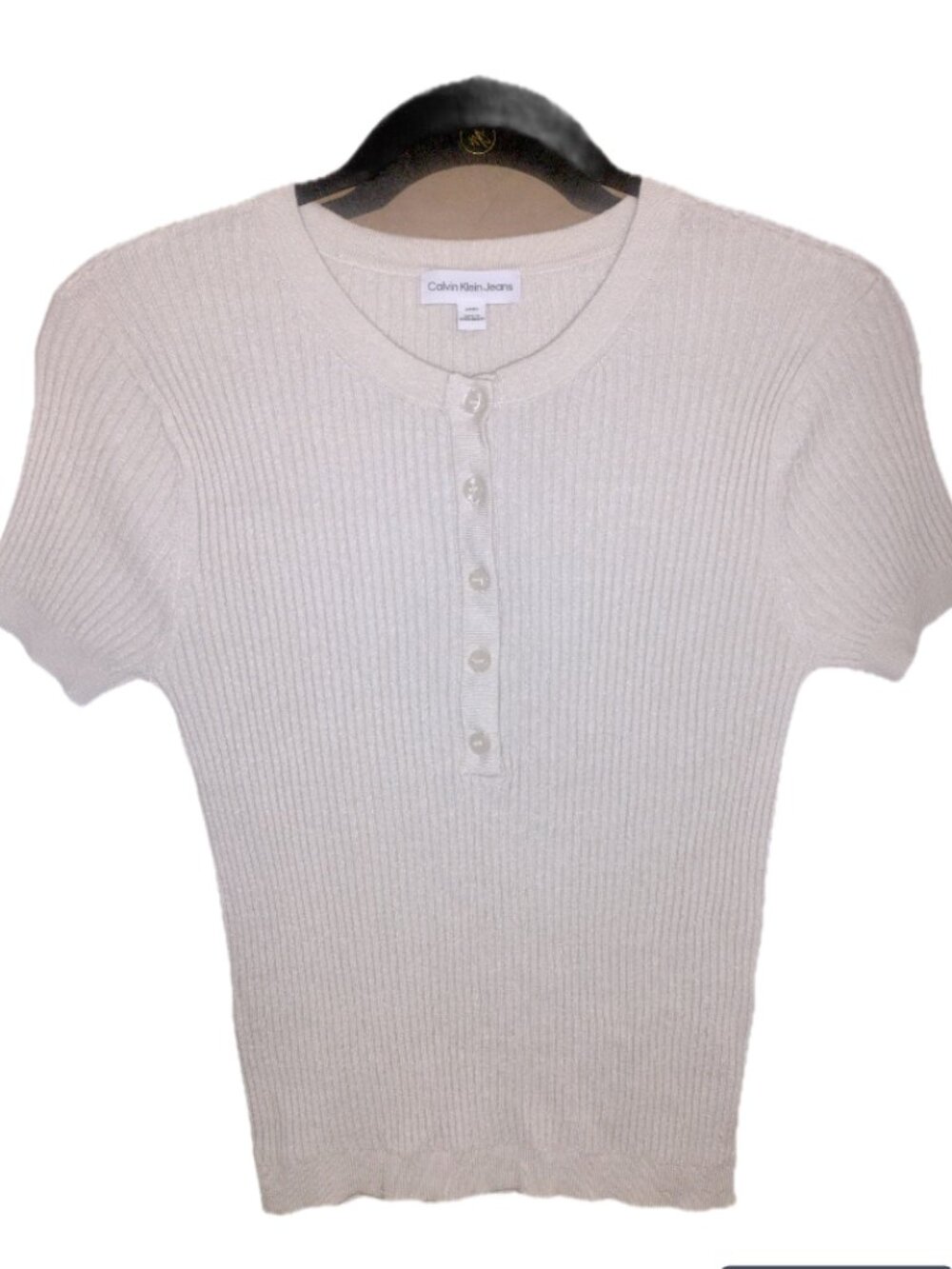 Calvin Klein Jeans Tan Oatmeal Beige Cream Rib Knit Henley Top Size S / P / CH